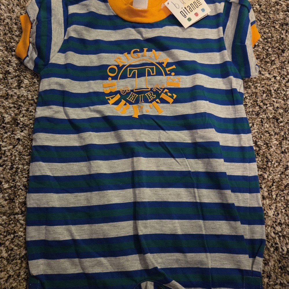 Gitano Blue, Green & Gray Striped Baby Footie with Yellow Logo